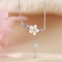 Chic CZ Inlaid Heart Tassel Cherry Blossom Necklace - ArtGalleryZen