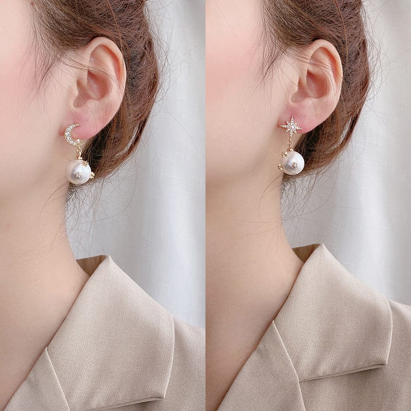 Chic CZ Inlaid Moon Phase Star Dangle Pearl Earrings - ArtGalleryZen