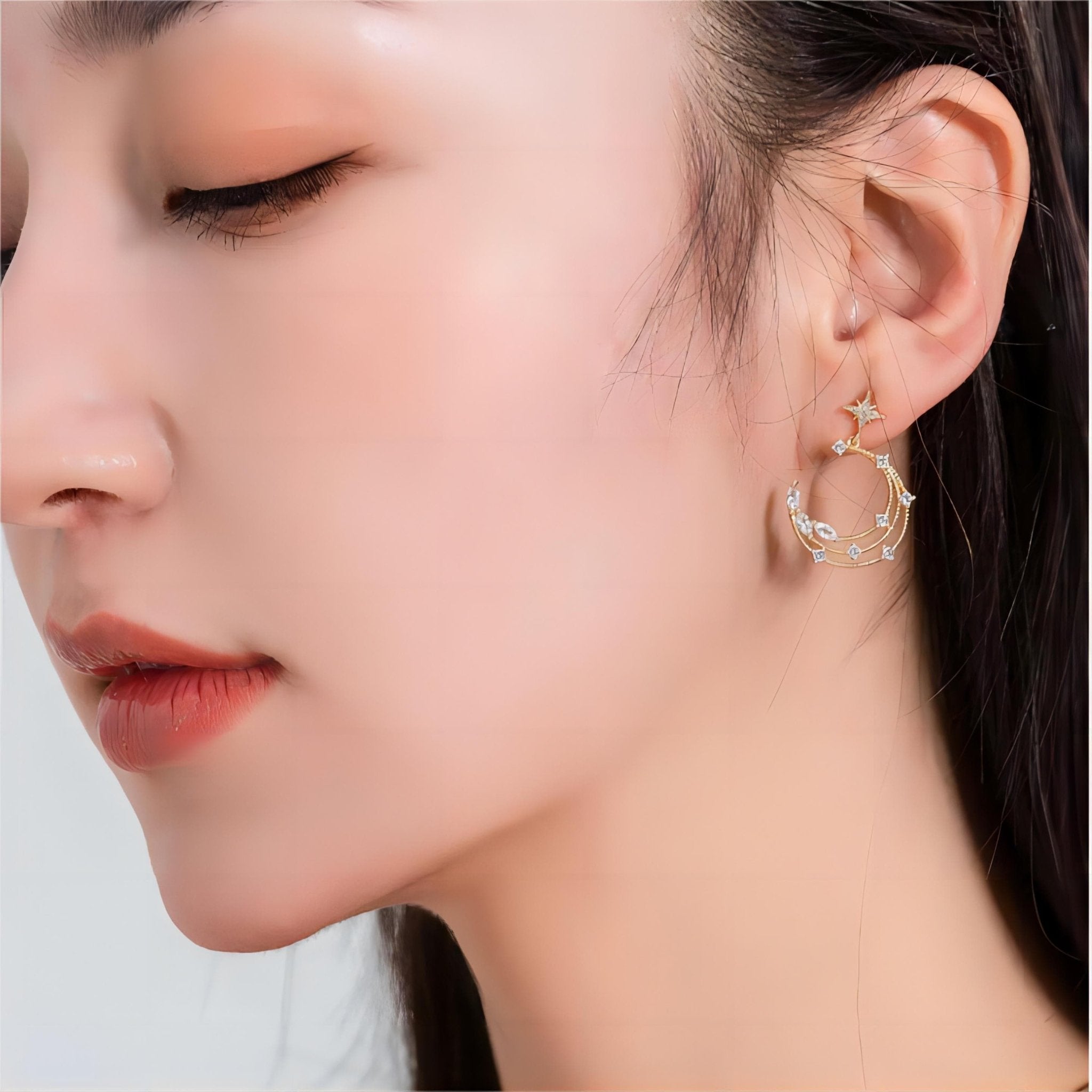 Chic CZ Inlaid Moon Phase Star Dangle Stud Earrings Set - ArtGalleryZen