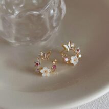 Chic CZ Inlaid Natural Pearl Shell Butterfly Floral Earrings - ArtGalleryZen