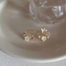 Chic CZ Inlaid Natural Pearl Shell Butterfly Floral Earrings - ArtGalleryZen