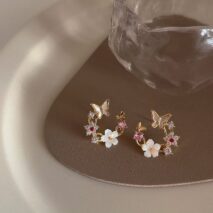Chic CZ Inlaid Natural Pearl Shell Butterfly Floral Earrings - ArtGalleryZen