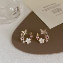 Chic CZ Inlaid Natural Pearl Shell Butterfly Floral Earrings - ArtGalleryZen