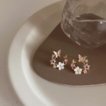 Chic CZ Inlaid Natural Pearl Shell Butterfly Floral Earrings - ArtGalleryZen