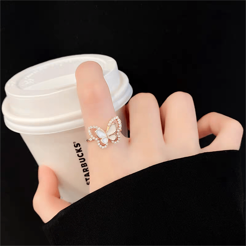 Chic CZ Inlaid Natural Pearl Shell Duo Butterfly Ring - ArtGalleryZen