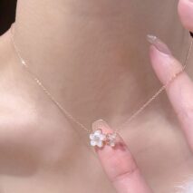 Chic CZ Inlaid Natural Pearl Shell Duo Cherry Blossom Necklace - ArtGalleryZen