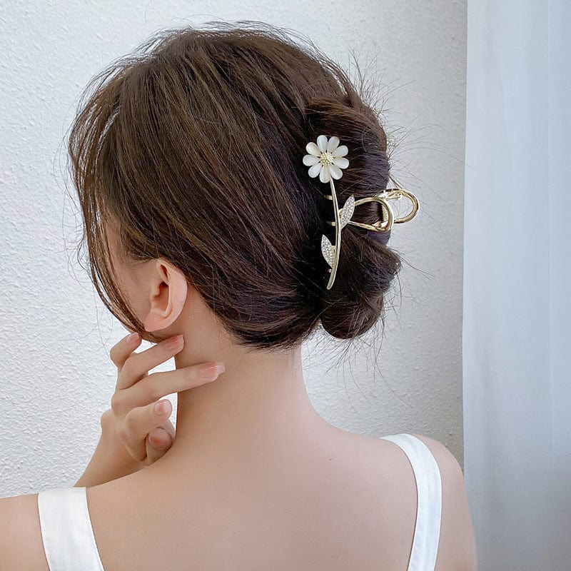 Chic CZ Inlaid Opal Daisy Flower Chignon Claw Clip Hair Clip - ArtGalleryZen