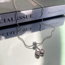 Chic CZ Inlaid Pink Cherry Pendant Necklace - ArtGalleryZen