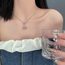 Chic CZ Inlaid Pink Cherry Pendant Necklace - ArtGalleryZen
