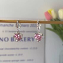 Chic CZ Inlaid Pink Crystal Dangle Heart Earrings - ArtGalleryZen