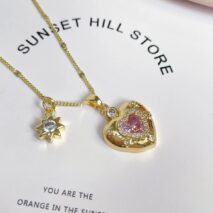 Chic CZ Inlaid Pink Crystal Heart Chain Necklace - ArtGalleryZen