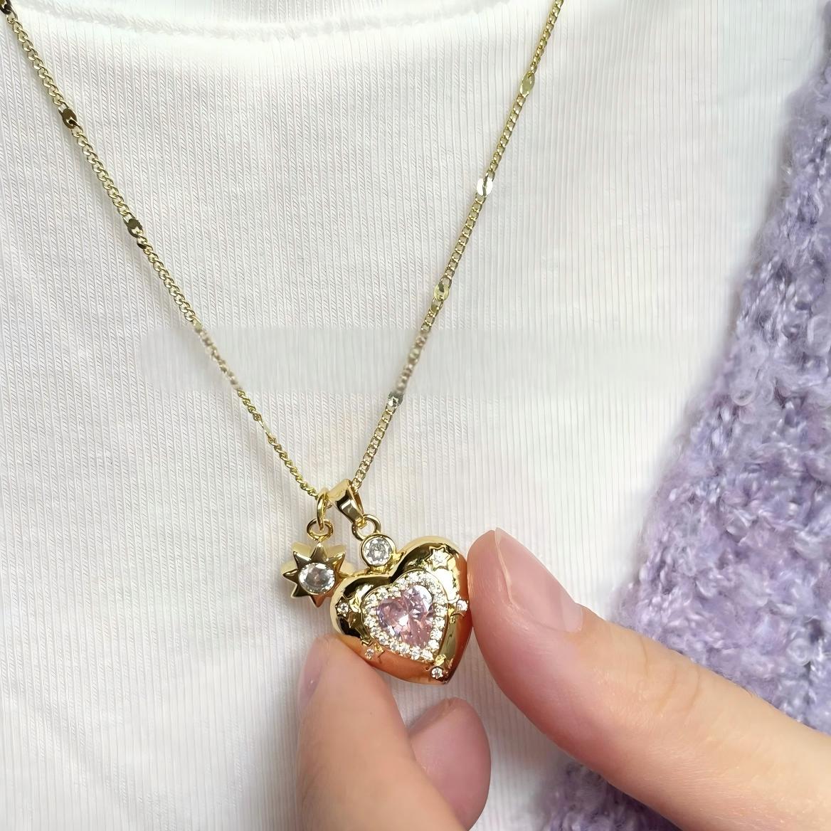 Chic CZ Inlaid Pink Crystal Heart Chain Necklace - ArtGalleryZen