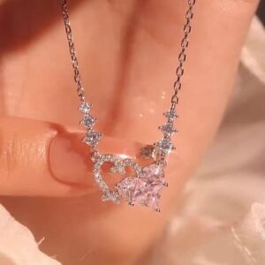 Chic CZ Inlaid Pink Diamond Duo Heart Necklace - ArtGalleryZen