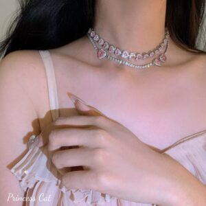 Chic CZ Inlaid Pink Diamond Heart Necklace - ArtGalleryZen