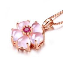 Chic CZ Inlaid Pink Opal Heart Cherry Blossom Pendant Necklace - ArtGalleryZen