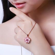 Chic CZ Inlaid Pink Opal Heart Cherry Blossom Pendant Necklace - ArtGalleryZen