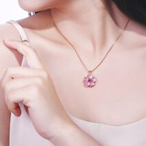 Chic CZ Inlaid Pink Opal Heart Cherry Blossom Pendant Necklace - ArtGalleryZen