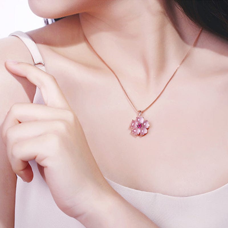 Chic CZ Inlaid Pink Opal Heart Cherry Blossom Pendant Necklace - ArtGalleryZen