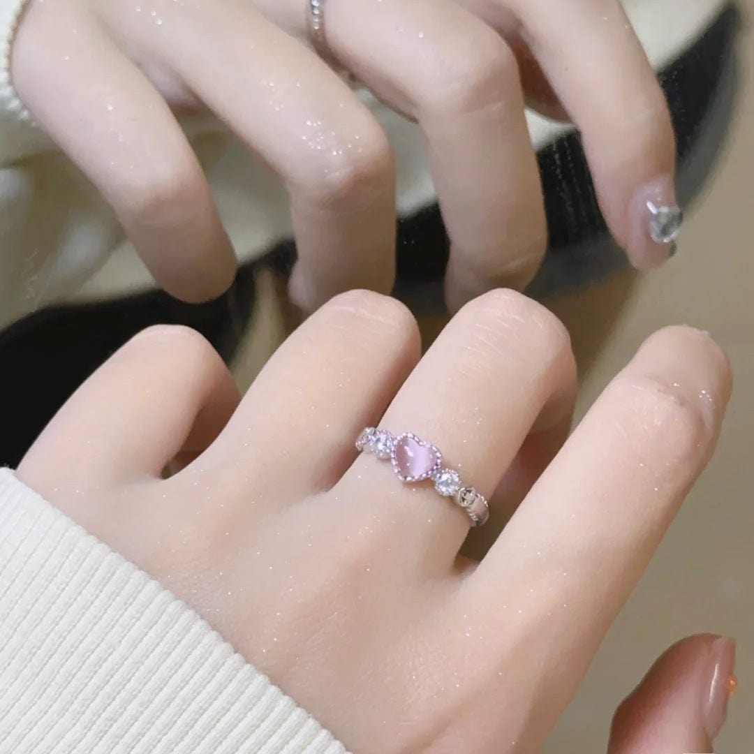 Chic CZ Inlaid Pink Opal Heart Ring - ArtGalleryZen