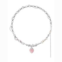 Chic CZ Inlaid Pink Strawberry Pendant Pearl Chain Choker Necklace - ArtGalleryZen