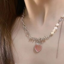 Chic CZ Inlaid Pink Strawberry Pendant Pearl Chain Choker Necklace - ArtGalleryZen