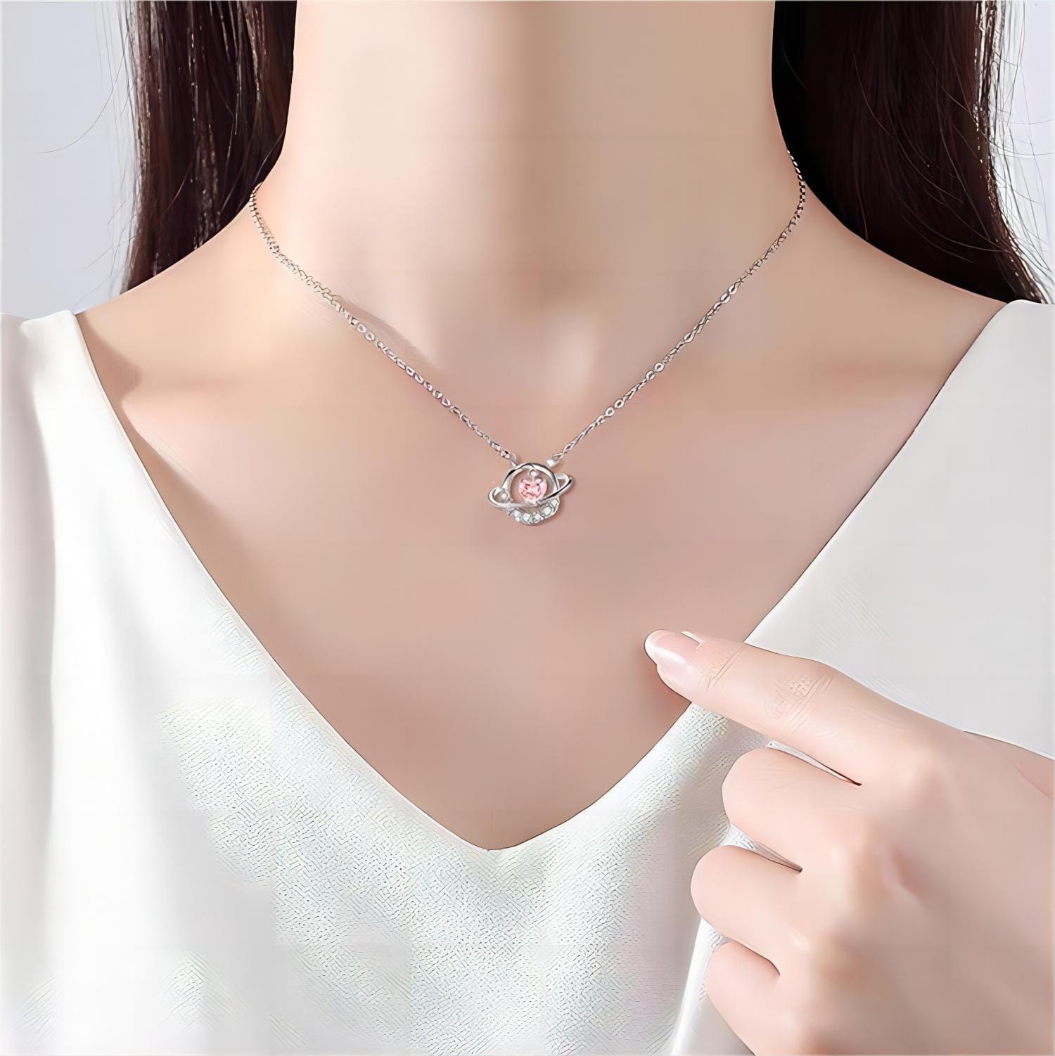 Chic CZ Inlaid Planet Dangle Heart Pendant Necklace - ArtGalleryZen