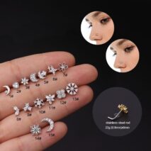 Chic CZ Inlaid Snowflake Moon Phase Star Titanium Nose Piercing Nose Stud - ArtGalleryZen