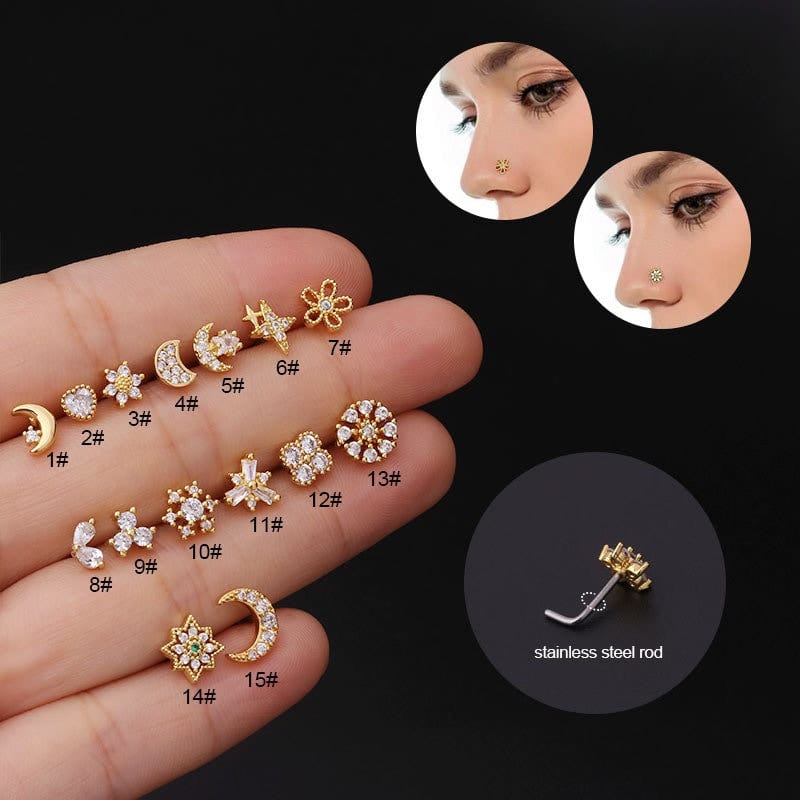Chic CZ Inlaid Snowflake Moon Phase Star Titanium Nose Piercing Nose Stud - ArtGalleryZen