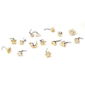 Chic CZ Inlaid Snowflake Moon Phase Star Titanium Nose Piercing Nose Stud - ArtGalleryZen