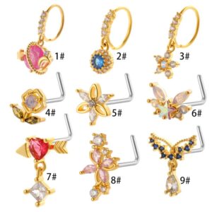 Chic CZ Inlaid Titanium Steel Flower Heart Nose Piercing Nose Stud Nose Hoop - ArtGalleryZen