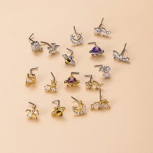 Chic CZ Inlaid UFO Moon Star Floral Nose Piercing Nose Stud - ArtGalleryZen