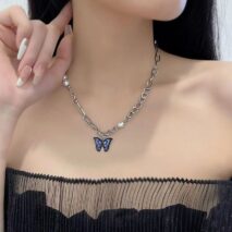 Chic Enamel Butterfly Pendant Pearl Chain Necklace - ArtGalleryZen