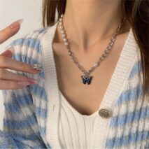 Chic Enamel Butterfly Pendant Pearl Chain Necklace - ArtGalleryZen