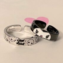 Chic Enamel Kuromi Carved Baku Pattern Matching Ring - ArtGalleryZen