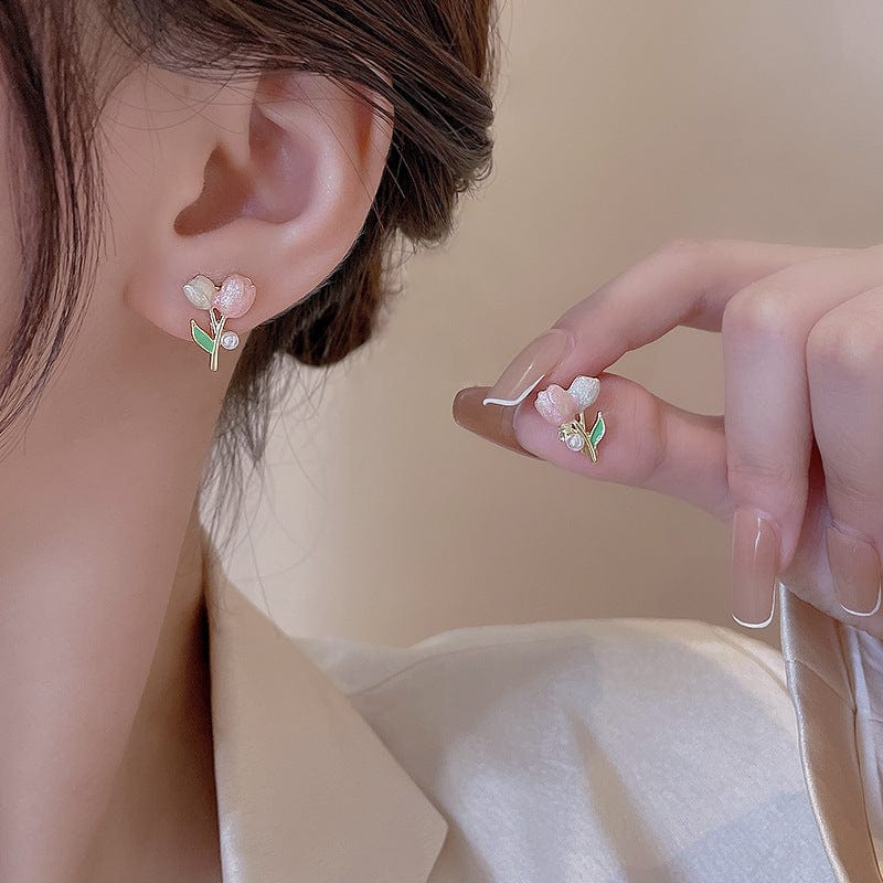 Chic Enamel Pearl Charm Tulip Earrings - ArtGalleryZen