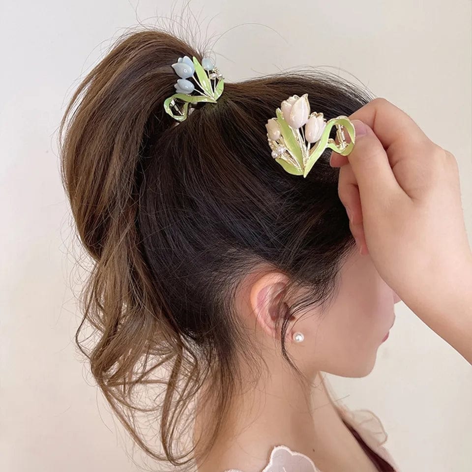 Chic Enamel Pearl Charm Tulip High Ponytail Hair Claw - ArtGalleryZen