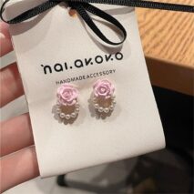 Chic Enamel Pink Rose Pearl Chain Earrings - ArtGalleryZen