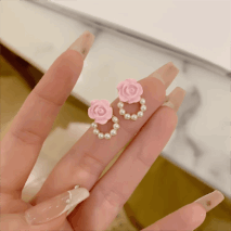 Chic Enamel Pink Rose Pearl Chain Earrings - ArtGalleryZen