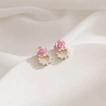 Chic Enamel Pink Rose Pearl Chain Earrings - ArtGalleryZen