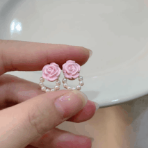 Chic Enamel Pink Rose Pearl Chain Earrings - ArtGalleryZen