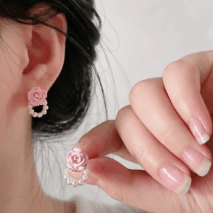 Chic Enamel Pink Rose Pearl Chain Earrings - ArtGalleryZen