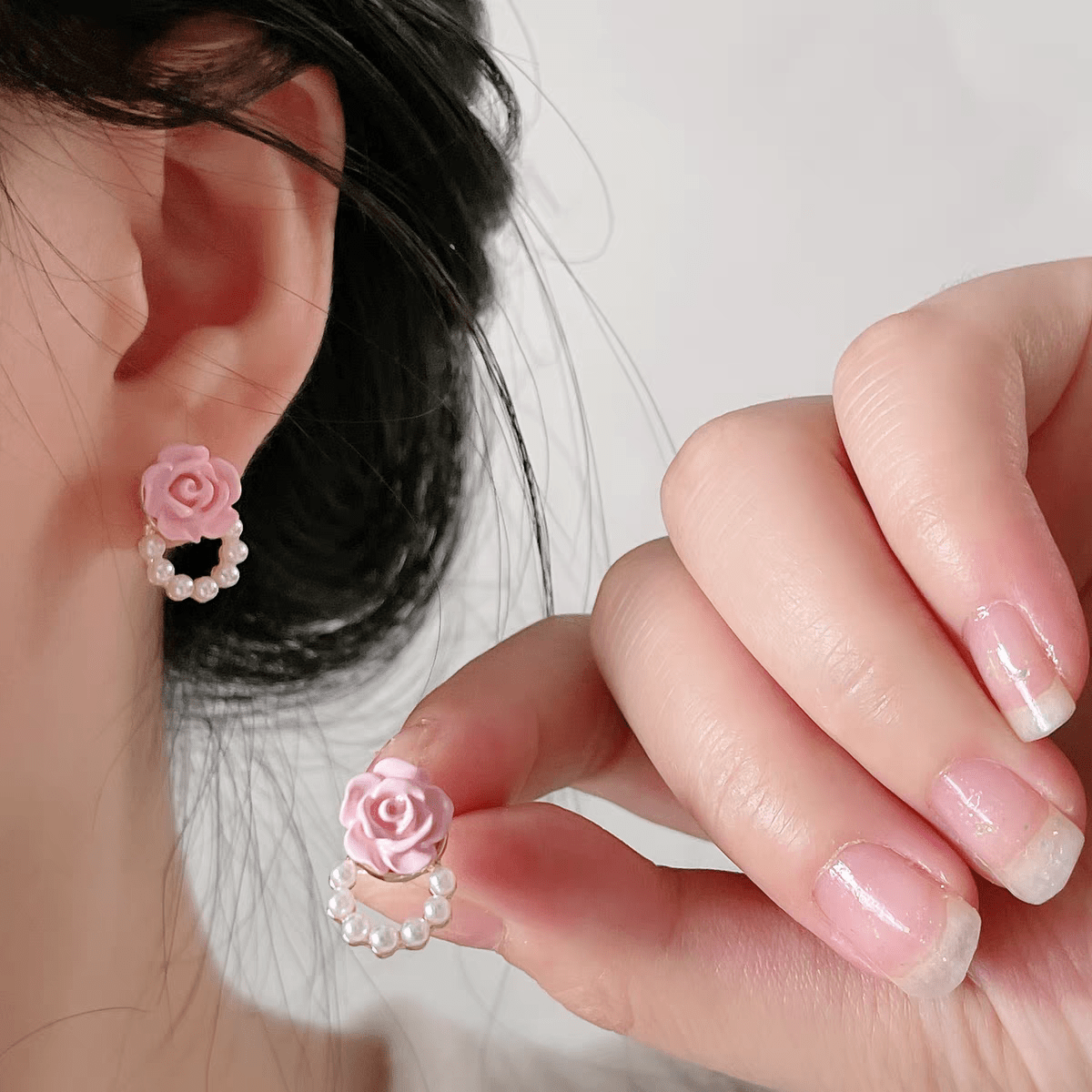 Chic Enamel Pink Rose Pearl Chain Earrings - ArtGalleryZen