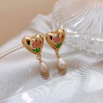 Chic Enamel Tulip Heart Pearl Earrings - ArtGalleryZen