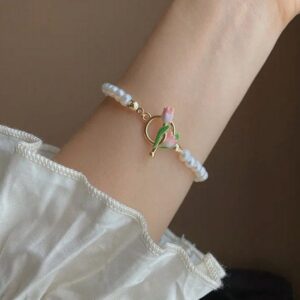 Chic Enamel Tulip Pearl Chain Choker Necklace Bracelet Set - ArtGalleryZen