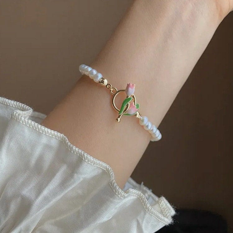 Chic Enamel Tulip Pearl Chain Choker Necklace Bracelet Set - ArtGalleryZen