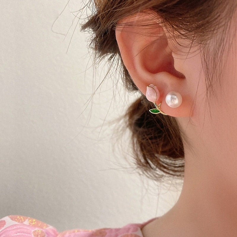 Chic Enamel Tulip Pearl Earrings - ArtGalleryZen