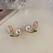 Chic Enamel Tulip Pearl Earrings - ArtGalleryZen