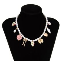 Chic Floral Heart Bowknot Pendant Pearl Chain Necklace - ArtGalleryZen