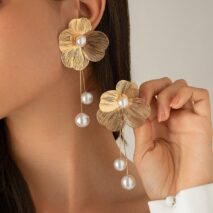 Chic Geometric Floral Pearl Dangle Earrings - ArtGalleryZen