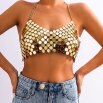 Chic Gold Silver Tone Backless Sequins Bra - ArtGalleryZen
